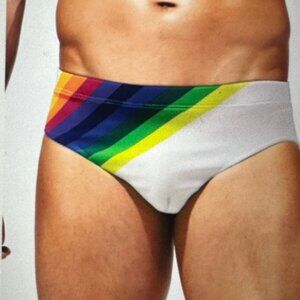 Brand New Men Rainbow Striped Print Swim Brief Multicolor Various